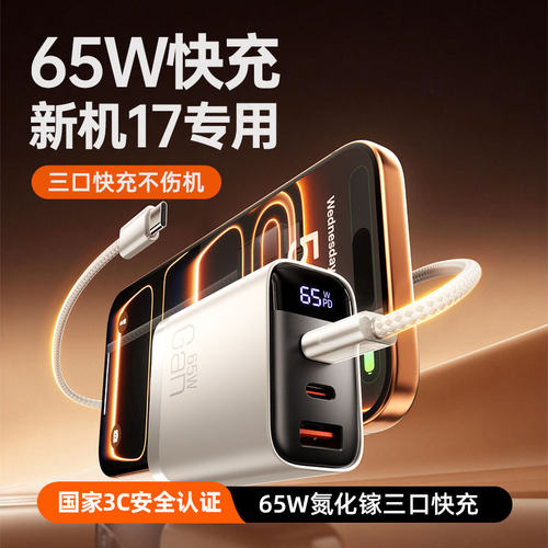 德国宾博【新机17】氮化镓65W三口超级快充插头适用于iphone16充电器手机Type-C充电头15/14充电编织数据线