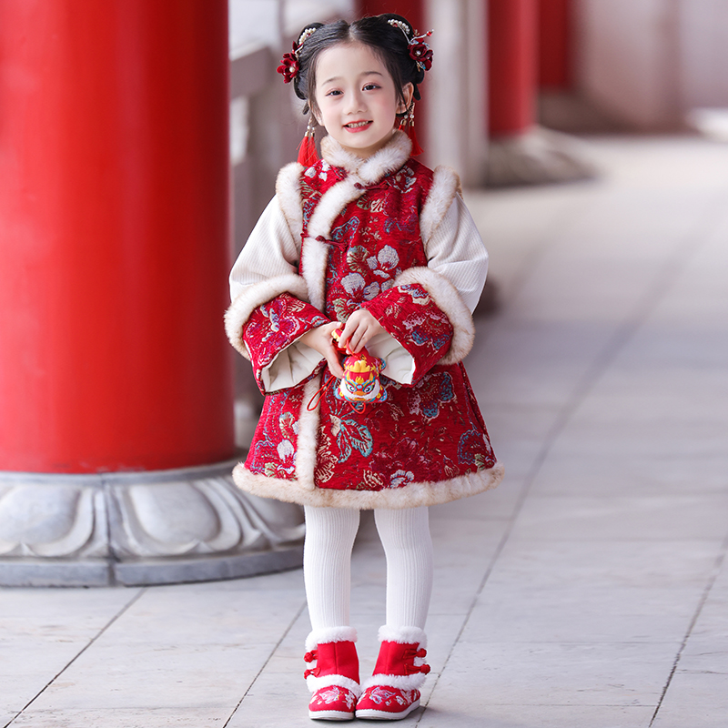 女童拜年服旗袍连衣裙加绒加厚秋冬款新中式古风汉服国潮过年唐装
