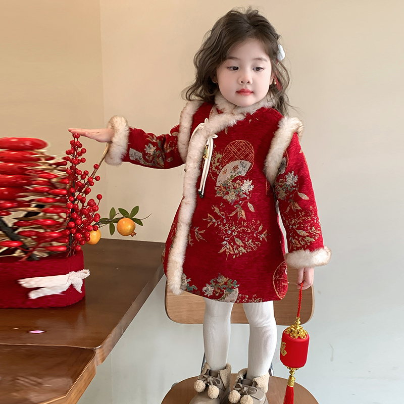 女童加绒加厚拜年服红色旗袍裙子