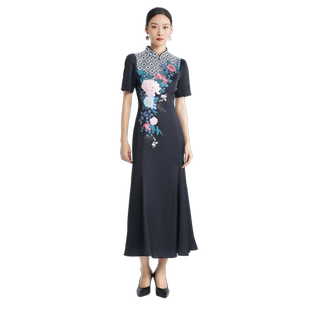 SUSSI/古色季新款商场同款黑色中式印花气质鱼尾连衣裙女装