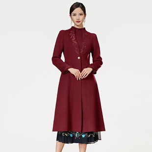 SUSSI/古色季商场同款红装高级感双面呢刺绣羊毛中长款毛呢大衣