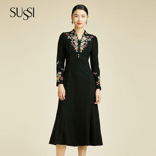 SUSSI 黑色蕾丝刺绣羊毛礼服连衣裙女 古色秋冬商场同款