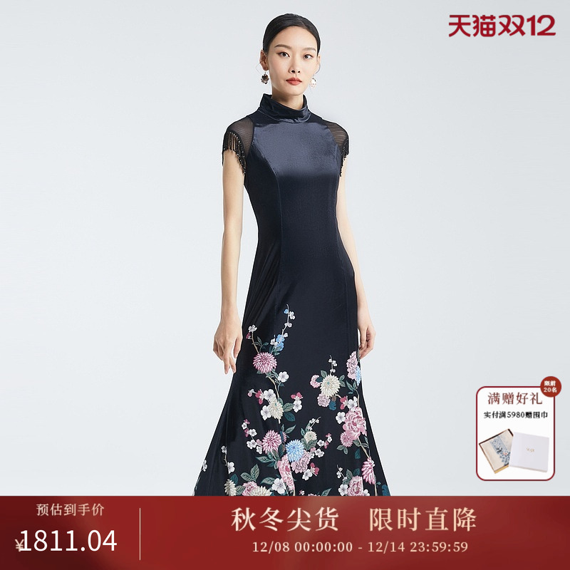 SUSSI/古色季新款商场同款黑色印花鱼尾改良旗袍裙礼服女装