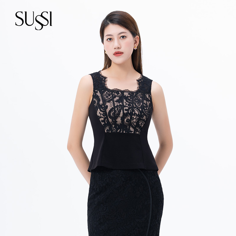 SUSSI/古色23秋商场蕾丝网纱背心性感宫廷风收腰无袖上衣