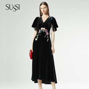 黑色丝绒拖尾连衣裙腰肩立体绣花小礼服裙29373801