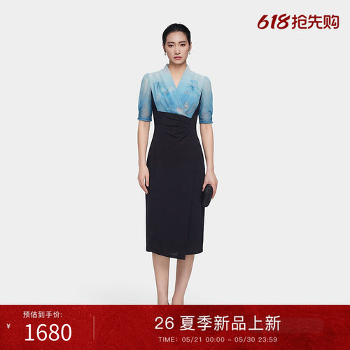 古色夏季商场同款交插领连衣裙