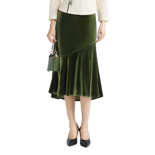 SUSSI/古色季新款商场同款军绿色百搭款复古丝绒鱼尾半裙女装