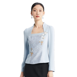 SUSSI/古色商场同款蓝色百搭款设计感收腰上衣女装