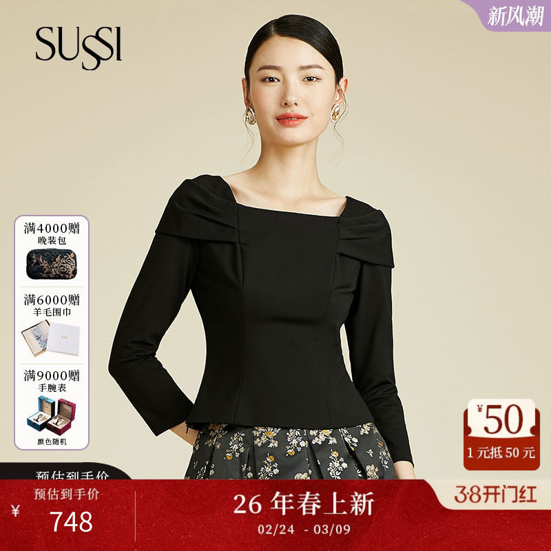SUSSI/古色春商场同款黑色船型领宫廷感显瘦复古上衣女