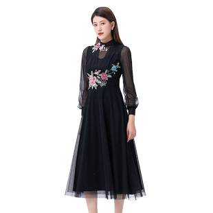 SUSSI/古色秋商场同款刺绣贴钻网纱圆领短袖轻奢高级感连衣裙女