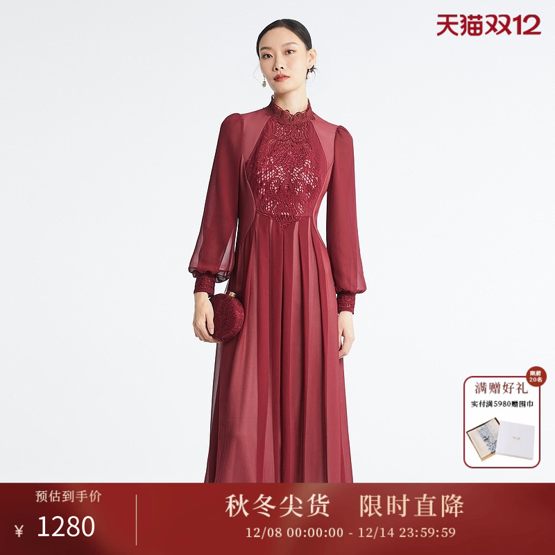 SUSSI/古色季新款商场同款酒红红装喜婆婆优雅收腰连衣裙女装