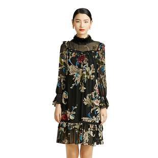SUSSI/古色冬季新款商场同款黑色丝绒花荷叶边立领荷叶摆连衣裙