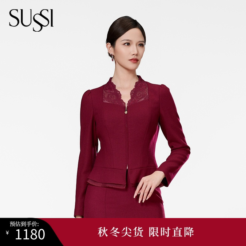 SUSSI/古色季新品商场同款朱红喜婆婆复古优雅收腰上衣女装