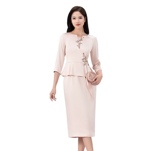 SUSSI/古色秋商场同款藕粉网纱拼接假两件刺绣醋酸长款连衣裙女