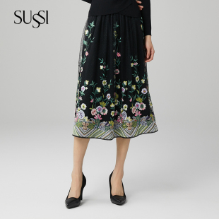 古色商城同款 SUSSI 黑色高腰刺绣半身裙A字伞裙女