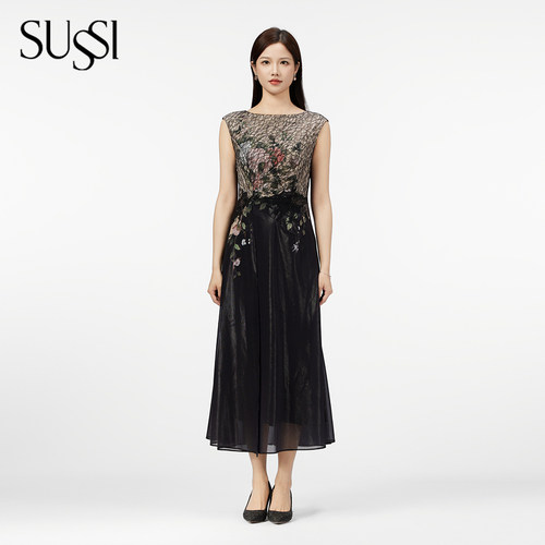 SUSSI/古色25夏商场同款收腰印花连衣裙设计师小众中长裙圆领