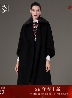 SUSSI/古色冬季新款璀璨盛世袖扣带毛条大衣 2194D9000