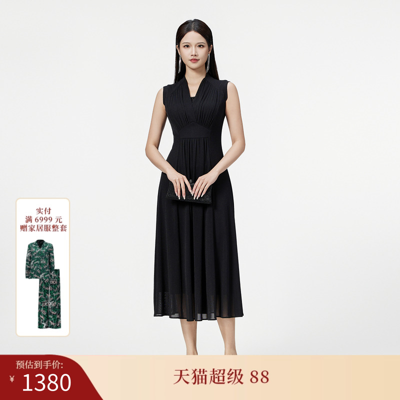 SUSSI/古色25夏新品商场同款前交插后企领小飞袖收腰长连衣裙