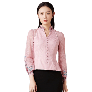 SUSSI/古色春夏商场同款粉色新中式减龄刺绣灯笼袖长袖上衣女