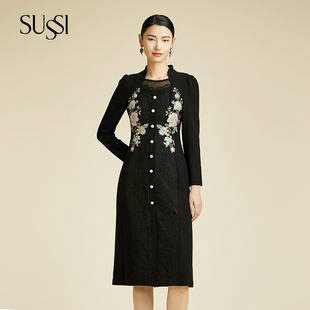 黑色方领刺绣排扣中长款 SUSSI 商场同款 新款 蕾丝连衣裙 古色冬季