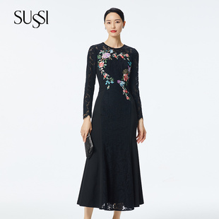 鱼尾连衣裙礼服 黑色蕾丝拼醋酸贴花中长款 SUSSI 古色春商场同款