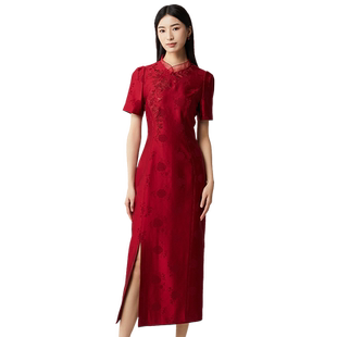 SUSSI/古色春夏商场同款新年度假气质红装中国风刺绣旗袍连衣裙女