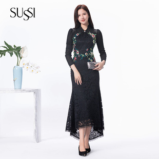 SUSSI 黑色蕾丝刺绣百搭轻奢高级感收腰连衣裙女 古色商场同款