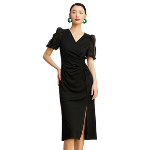 SUSSI/古色夏季新款黑色V领腰侧收褶灯笼短袖连衣裙