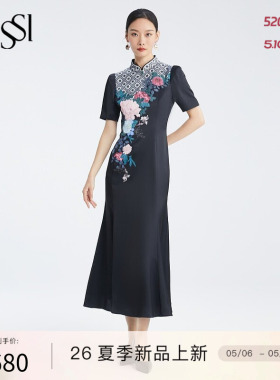 SUSSI/古色季新款商场同款黑色中式印花气质鱼尾连衣裙女装