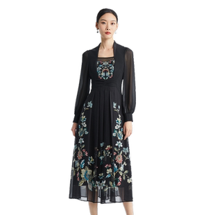 SUSSI古色季新款商场同款黑色印花淑女气质收腰连衣裙女装
