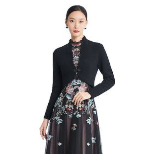 SUSSI古色/春商场同款领襟勾芽边企领长袖短针织外套