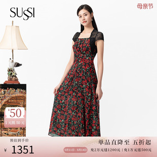 SUSSI 度假连衣裙女 短袖 古色23夏黑色雪纺碎花方领法式