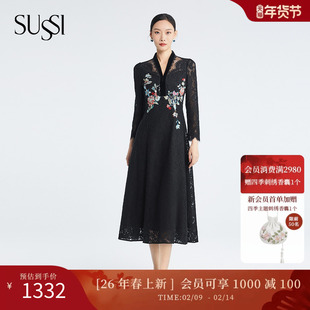 SUSSI/古色冬商场同款新款黑色V领刺绣长袖中长款蕾丝连衣裙