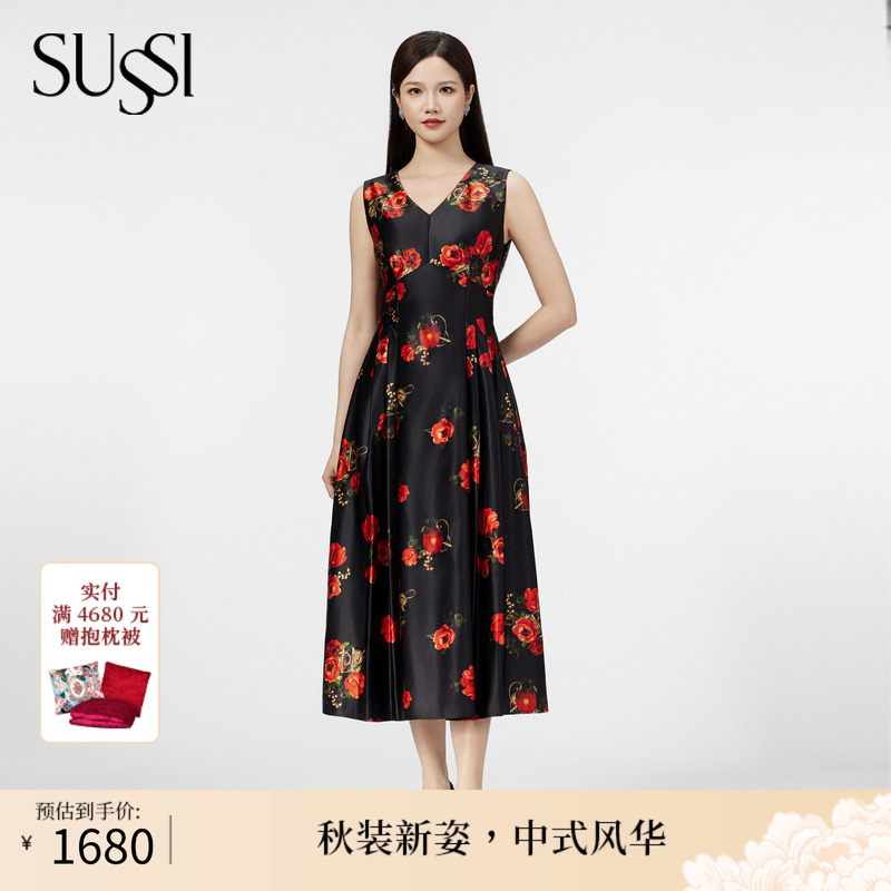 SUSSI/古色25夏商场同款黑底红花无袖经典X型连衣裙