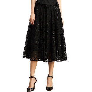 SUSSI/古色商场同款黑色气质百搭下摆花边A摆半身裙女