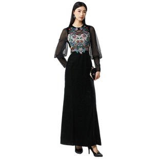 SUSSI/古色夏商场同款黑色灯笼袖高级刺绣礼服连衣裙女