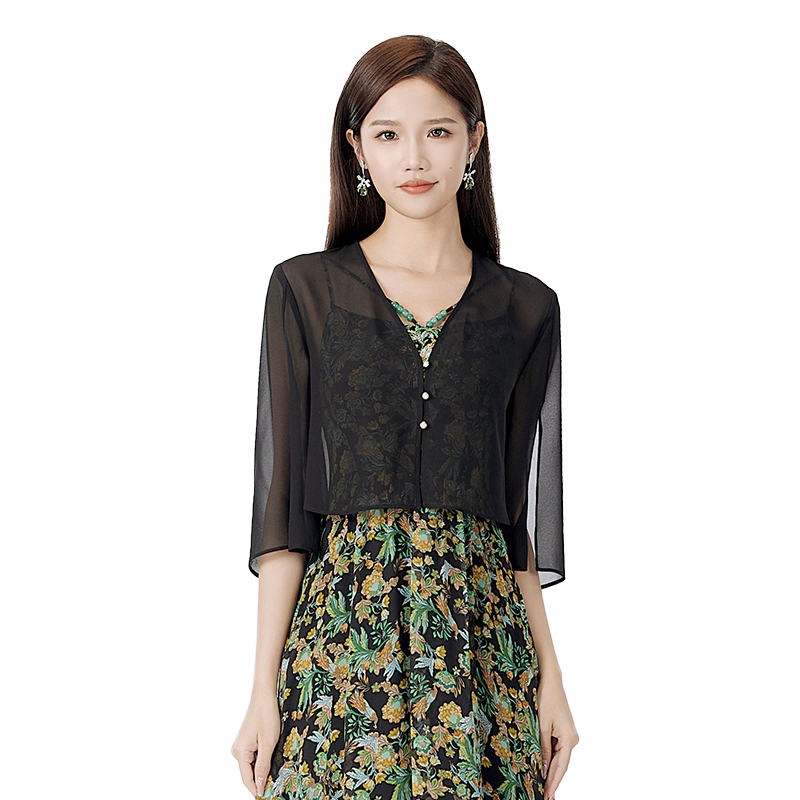 SUSSI/古色青衣黑 真丝 百搭款设计感V领轻薄短款外套女装