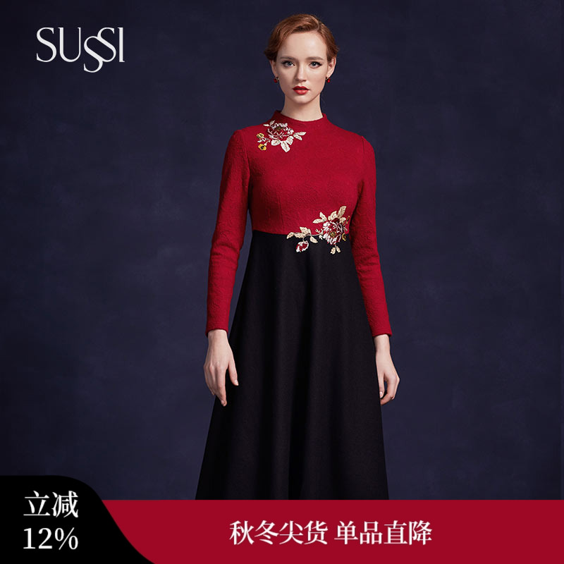 古色璀璨盛世黑红拼接立领连衣裙