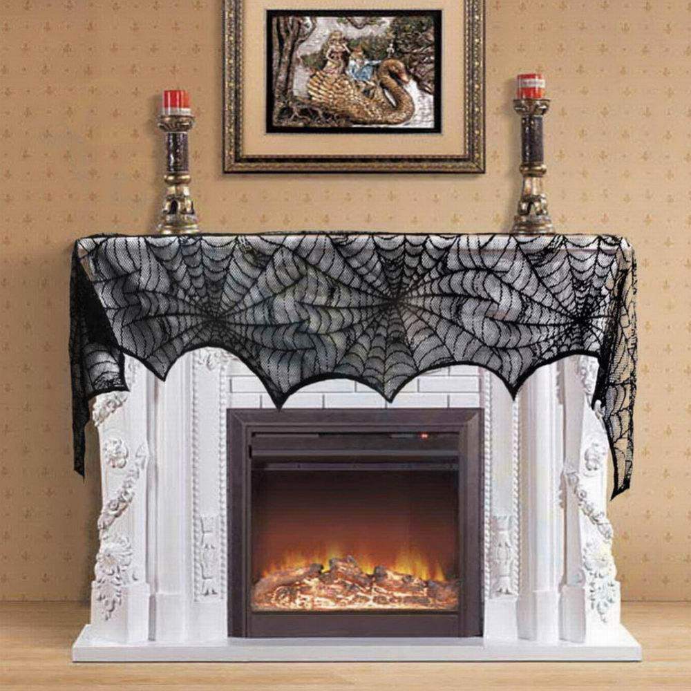 鬼节万圣节壁炉布火炉巾蜘蛛网蕾丝黑色壁炉巾装饰布客厅火炉挂布