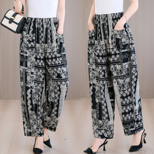 女中老年宽松棉绸松紧腰透气休闲女裤 碎花九分阔腿裤 夏季 2026新款