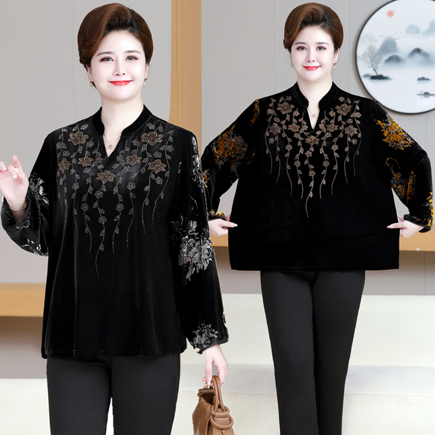 200斤胖妈妈装长袖T恤女中老年人春秋装宽松大码显瘦金丝绒打底衫