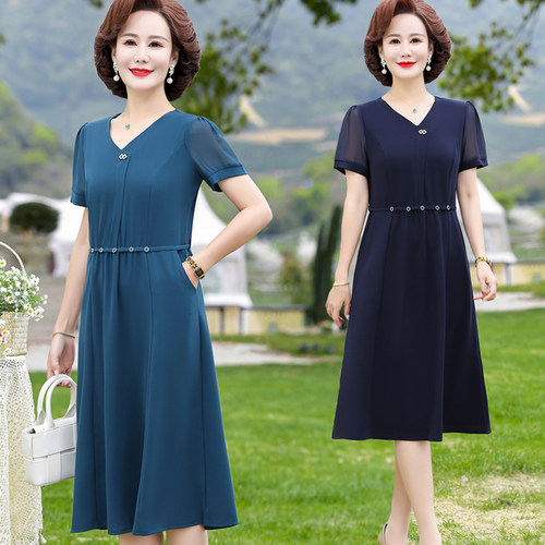 中老年女装短袖雪纺时尚连衣裙