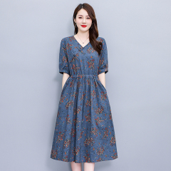 中老年女泡泡棉连衣裙夏季妈妈装大码修身短袖中长款绵绸碎花裙子