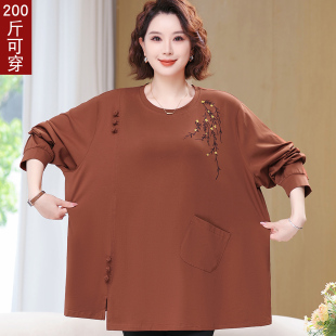 T恤新款 长袖 中老年女装 宽松大码 200斤胖妈妈装 纯棉上衣打底衫 秋季