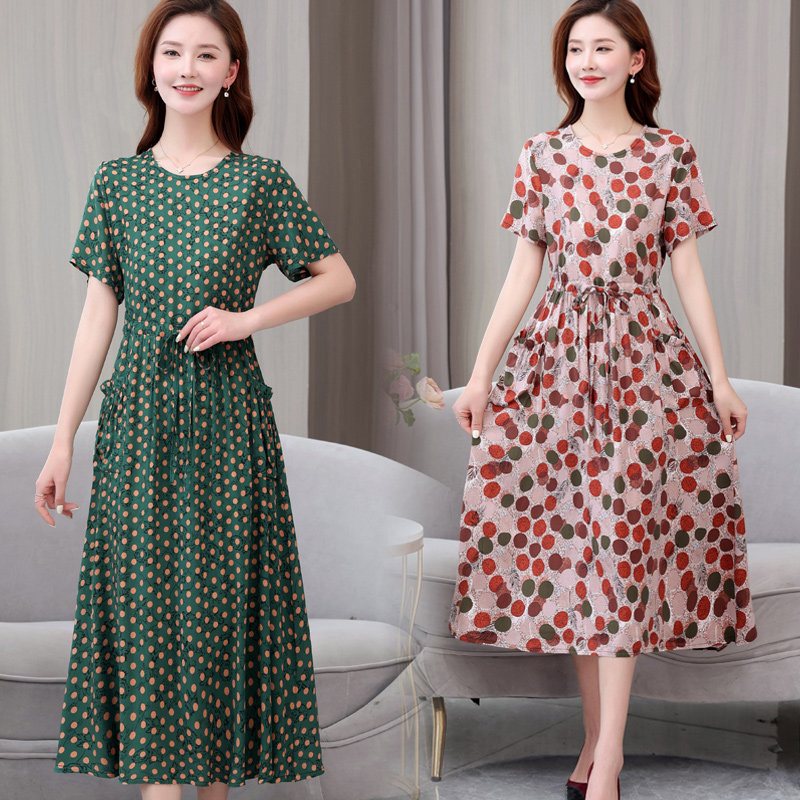 棉绸连衣裙女夏季妈妈装短袖中长款宽松大码显瘦中老年女装碎花裙
