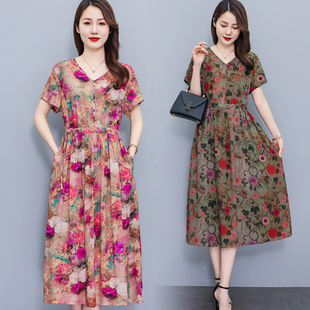 绵绸过膝中长款 中老年女装 短袖 棉绸连衣裙50岁中年妈妈装 裙子 夏装