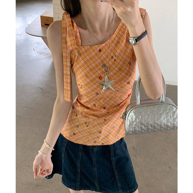 芷欣实价#黄色斜肩背心女外穿夏多巴胺独特漂亮吊带收腰修身露肩