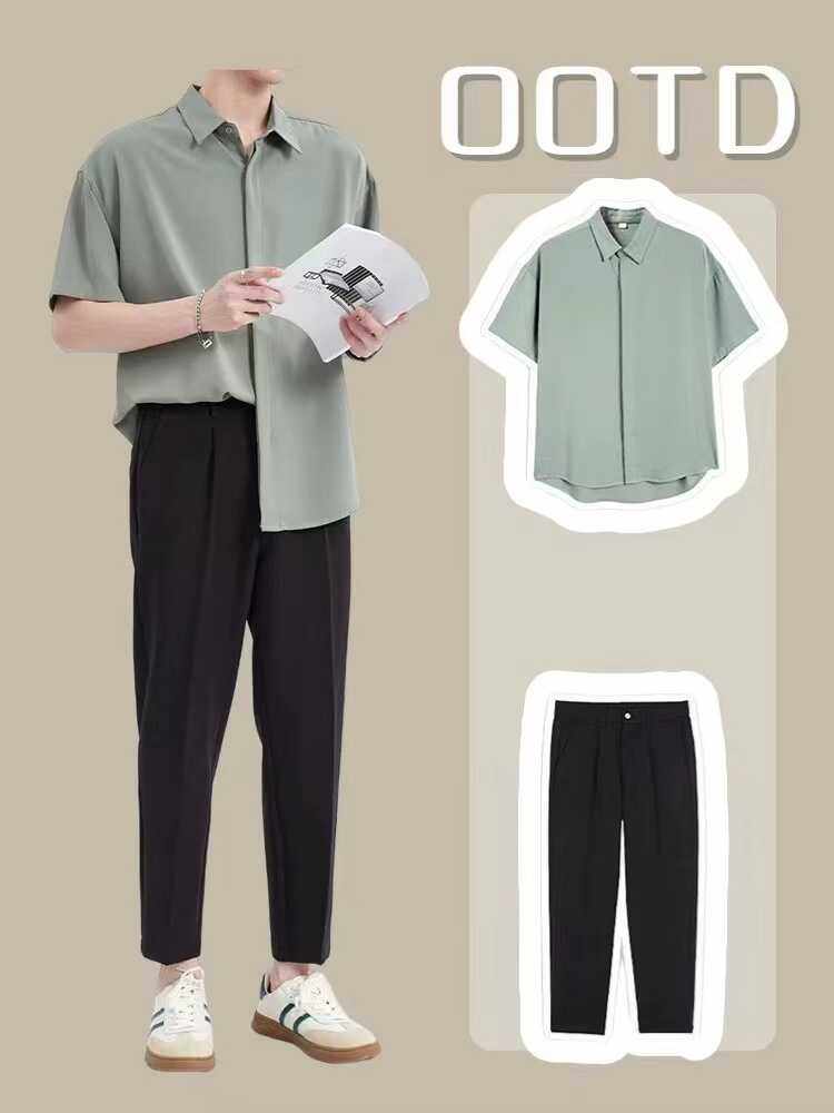 2024短袖衬衫休闲套装男士夏季帅气搭配九分西裤男生时尚衣服一套,男装,时尚套装,淘宝优惠券,粉丝福利购,淘宝优惠卷