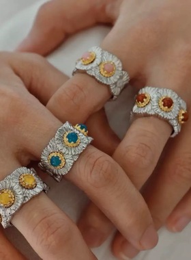 925银小雏菊宝石戒指玛瑙高级感小众宽版复古戒指