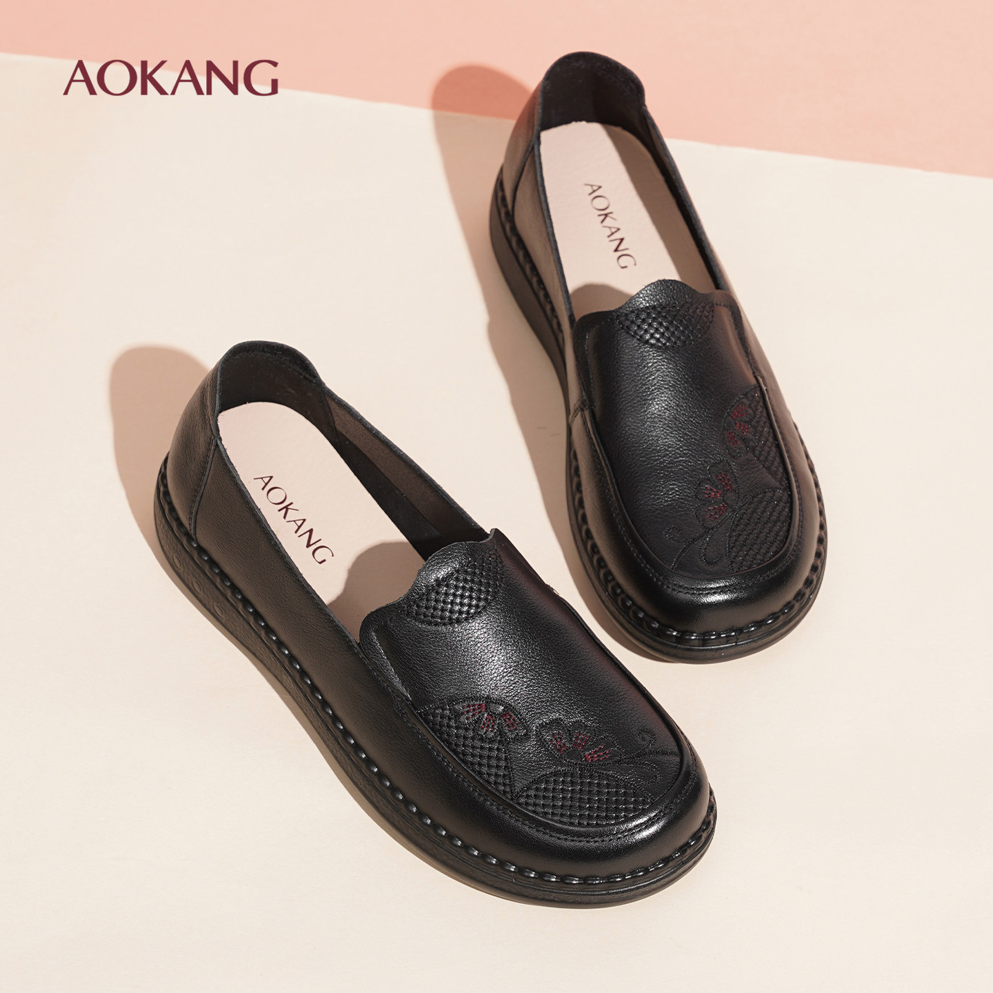 奥康 女鞋2025秋季新款乐福鞋一脚蹬单鞋英伦风绣花软底小皮鞋L